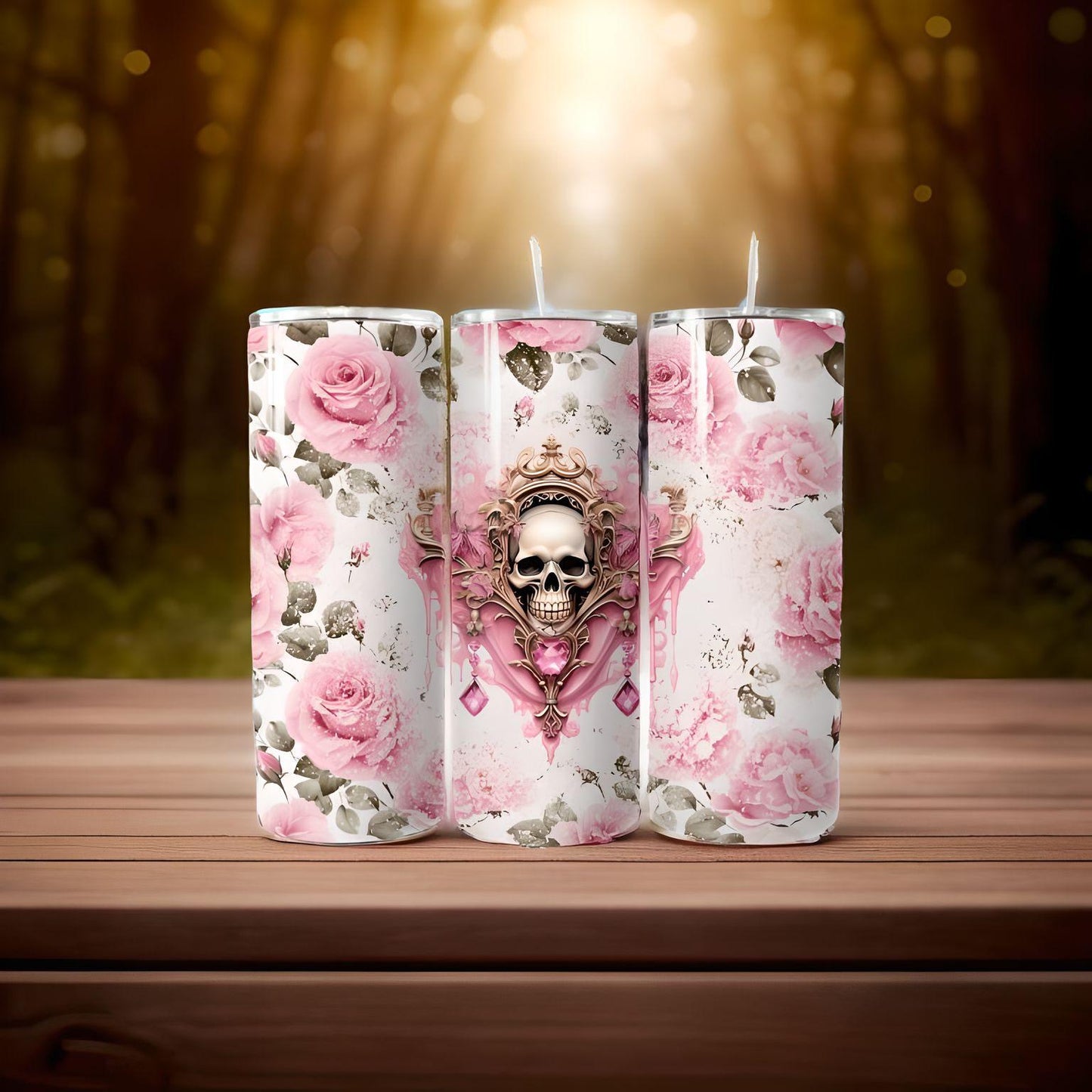 Pink skull Floral skinny tumbler